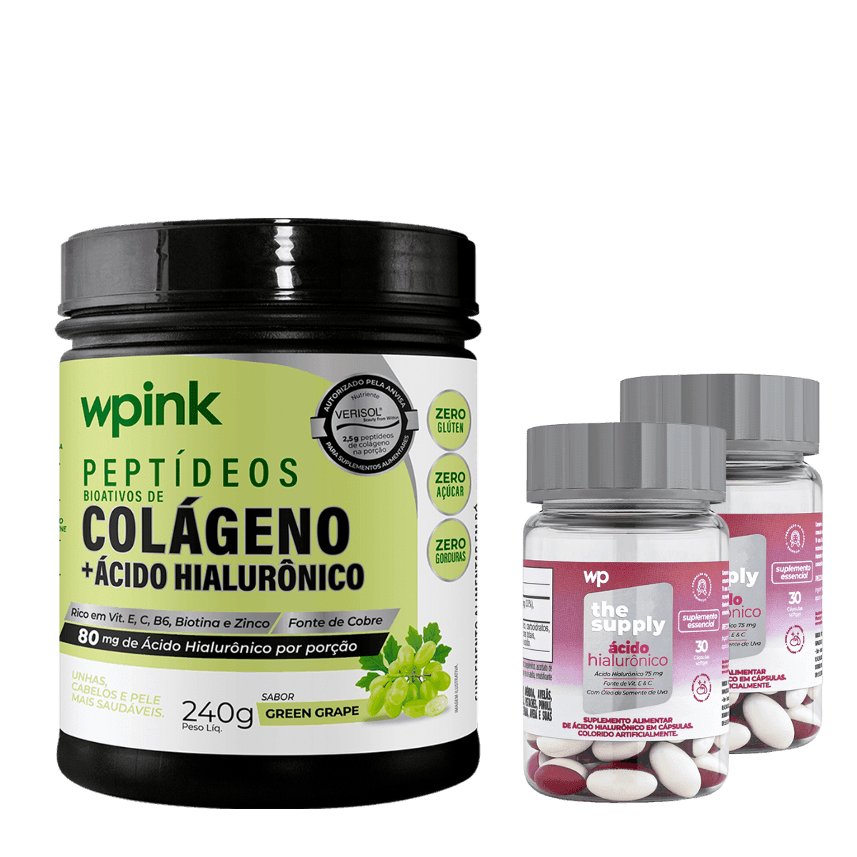 colágeno de uva verde - 240g + 2 ácidos hialurônicos - wp