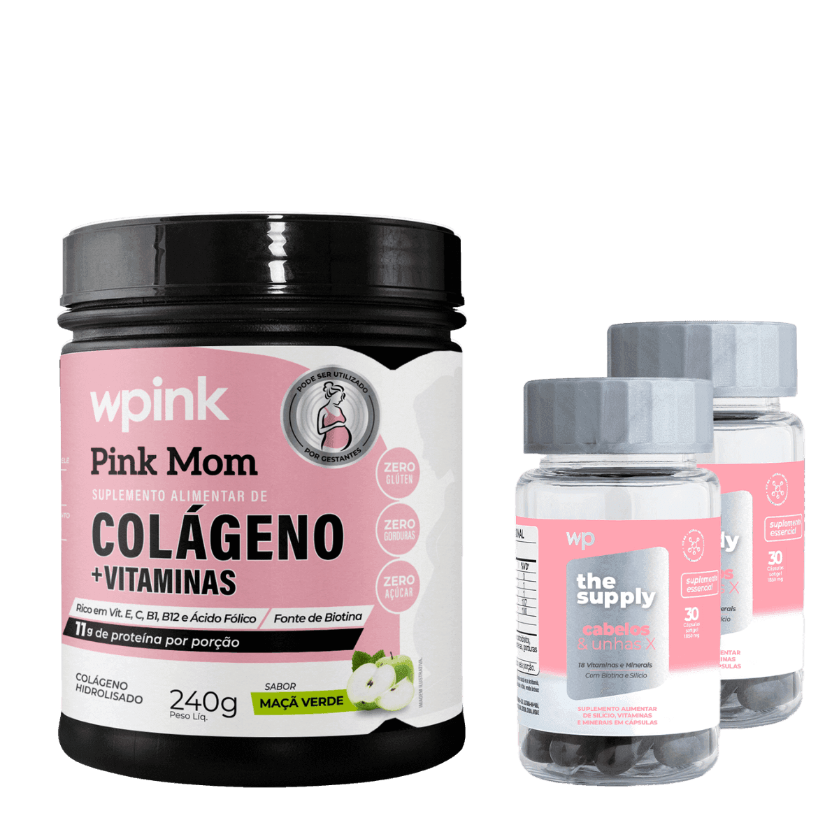 colágeno pink mom de maçã verde - 240g + 2 cabelos e unhas X - wp