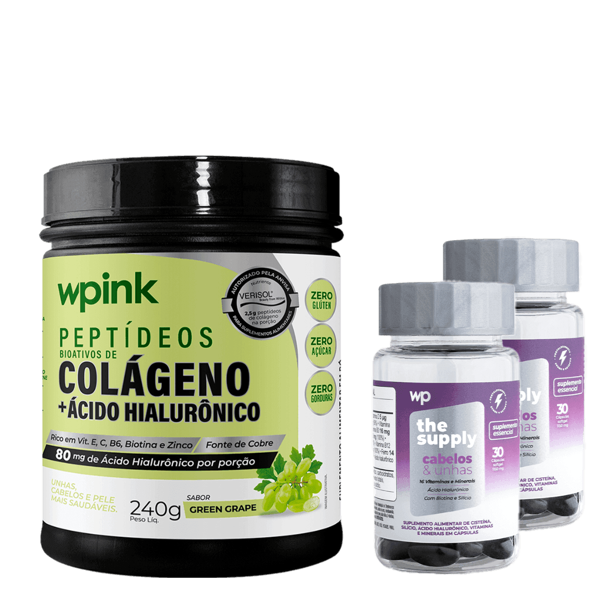 colágeno de uva verde - 240g + 2 cabelos e unhas - wp