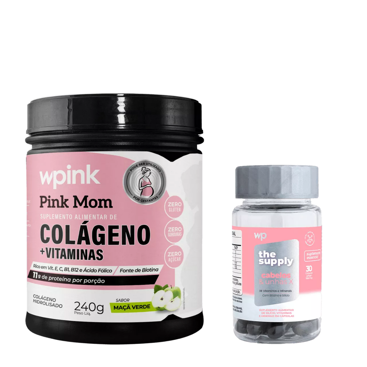 colágeno pink mom de maçã verde - 240g + cabelos e unhas x - wp